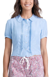 100% Silk Blouse with ruffle in Powder Blue