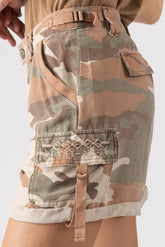 100% Silk rolled cargo shorts with embroidery in Cream Camo