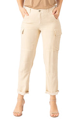 100% Silk rolled cargo pants in Tapioca