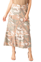 100% Silk long skirt with embroidery in Cream Camo