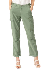 Silk cargo pants with frayed patches in Myrtle Green