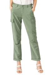 Silk cargo pants with frayed patches in Myrtle Green