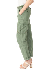 Silk cargo pants with frayed patches in Myrtle Green