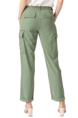 Silk cargo pants with frayed patches in Myrtle Green