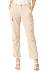 Silk cargo pants with frayed patches in Tapioca