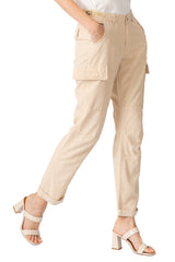 Silk cargo pants with frayed patches in Tapioca