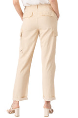 Silk cargo pants with frayed patches in Tapioca