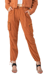 Silk cargo pants with embroidery in Toffee Brown