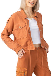 100% Silk crop lined jacket with embroidery in Toffee Brown