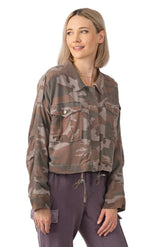 100% Silk crop lined jacket with embroidery in Violet Camo