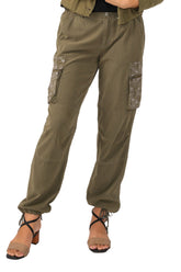 Silk Cargo pants with embroidery in Olive