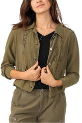 100% Silk collared crop jacket in Olive