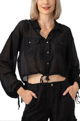 Silk oversized crop shirt in Caviar