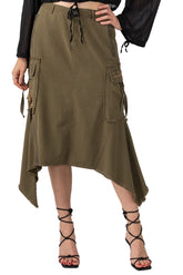 Silk sharkbite skirt with embroidery in Olive