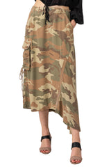 100% Silk asymmetric cargo skirt with embroidery in Moss camo