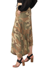 100% Silk asymmetric cargo skirt with embroidery in Moss camo