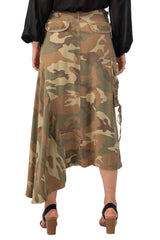 100% Silk asymmetric cargo skirt with embroidery in Moss camo