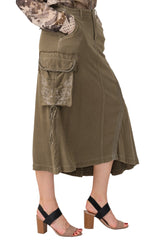 100% Silk asymmetric cargo skirt with embroidery in Olive