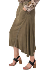 100% Silk asymmetric cargo skirt with embroidery in Olive