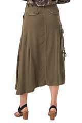 100% Silk asymmetric cargo skirt with embroidery in Olive