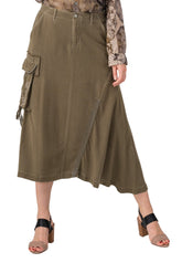 100% Silk asymmetric cargo skirt with embroidery in Olive
