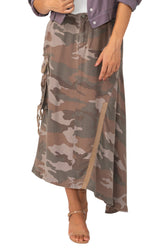 100% Silk asymmetric cargo skirt with embroidery in Violet Camo