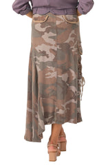 100% Silk asymmetric cargo skirt with embroidery in Violet Camo