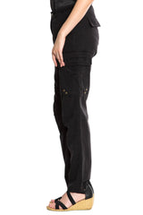 Silk cargo pants with frayed patches in Caviar