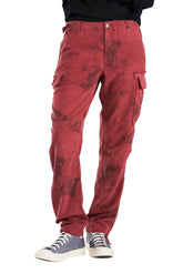 Silk cargo pants with frayed patches in Burgundy