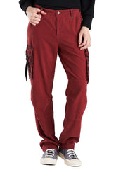 Silk cargo pants with embroidery pocket in Burgundy