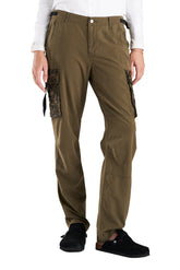 Silk cargo pants with embroidery pocket in New Olive