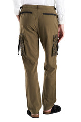 Silk cargo pants with embroidery pocket in New Olive