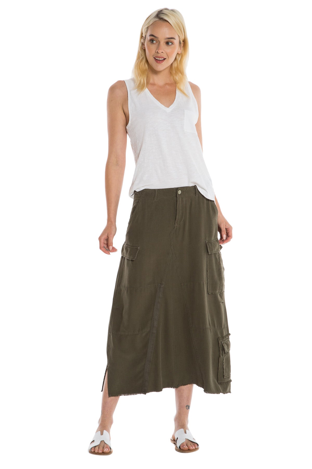 100% Silk long skirt in Olive – Da-Nang