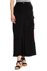 100% Silk long skirt in Caviar with stripe side tapes