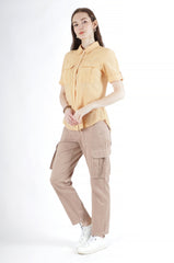 Slim cargo pants with tape closure pocket in Brown