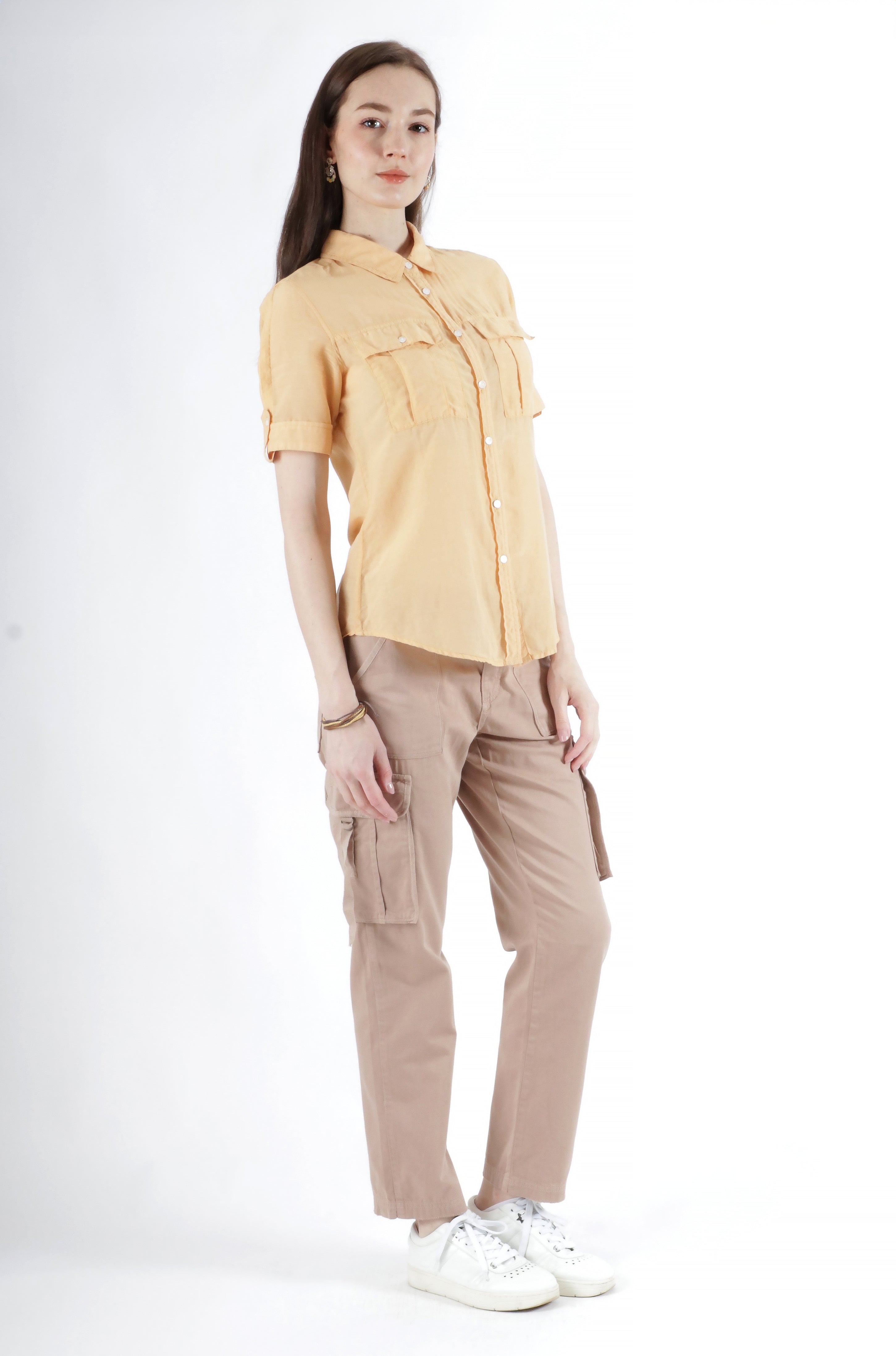Slim cargo pants with tape closure pocket in Brown