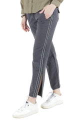 Silk boot cut pants with side tapes and slit in Washed Black