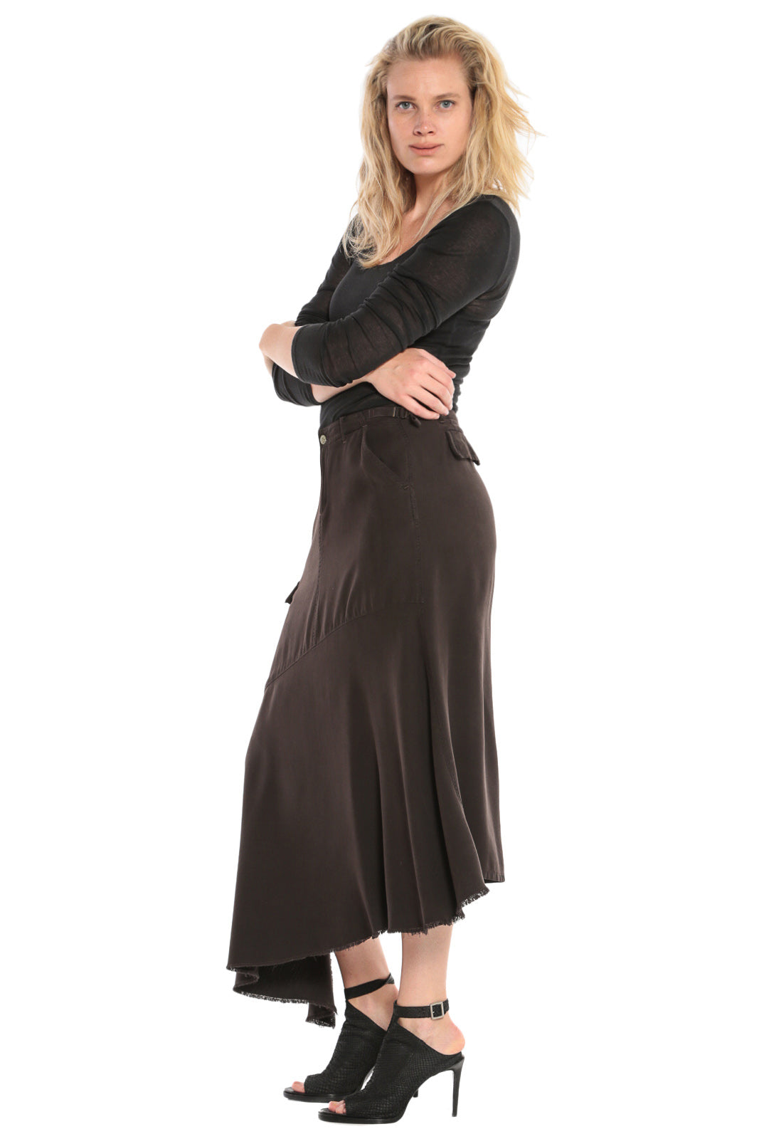 100% Silk asymmetric skirt in Licorice