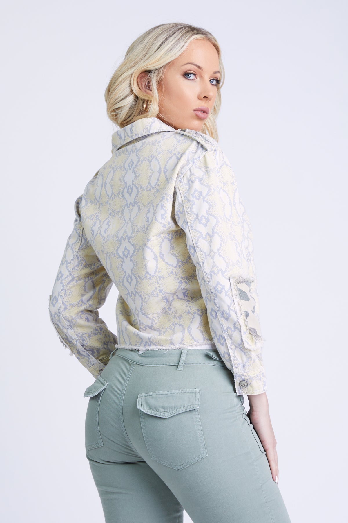 Collared crop jacket in Yellow Snake