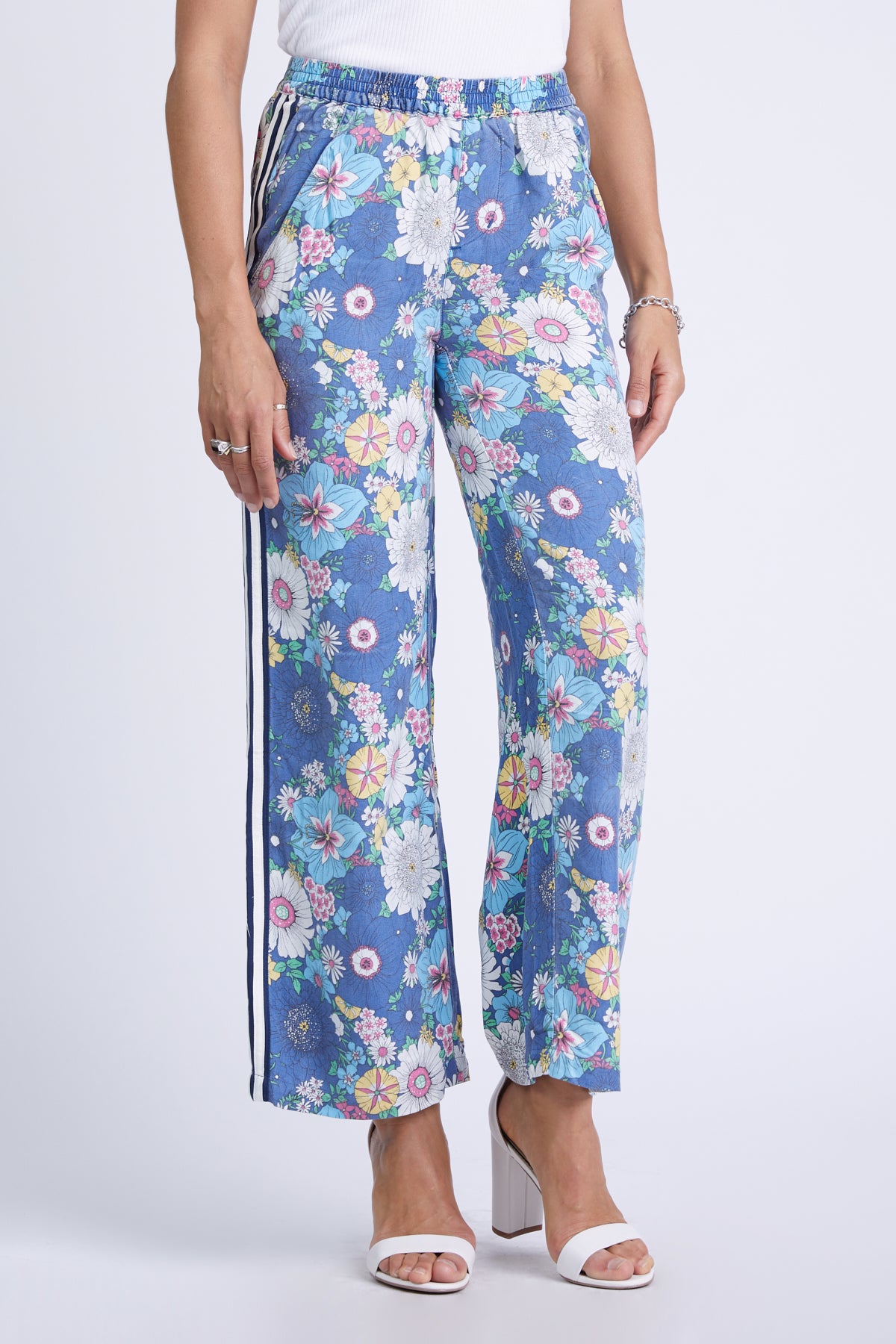 100% Silk Pants with side stripes in Rainbow Flowers