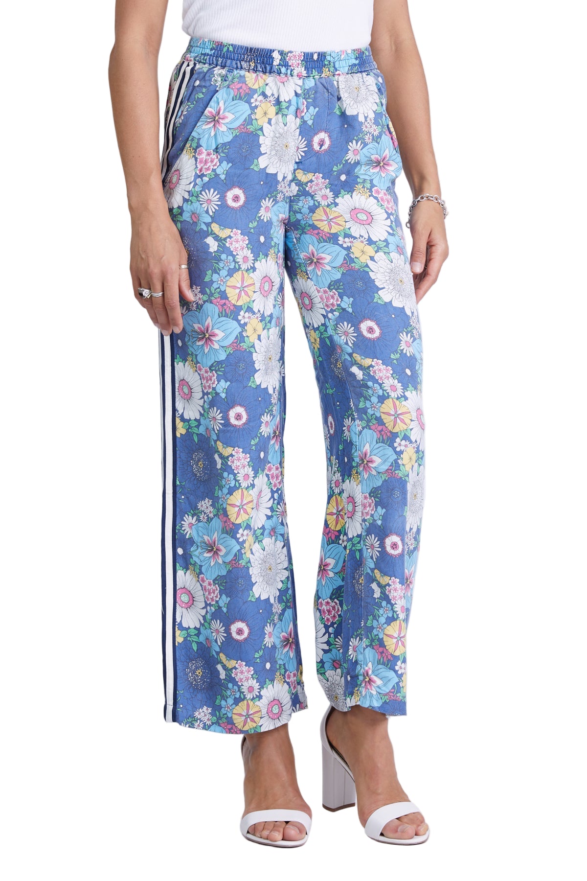 100% Silk Pants with side stripes in Rainbow Flowers