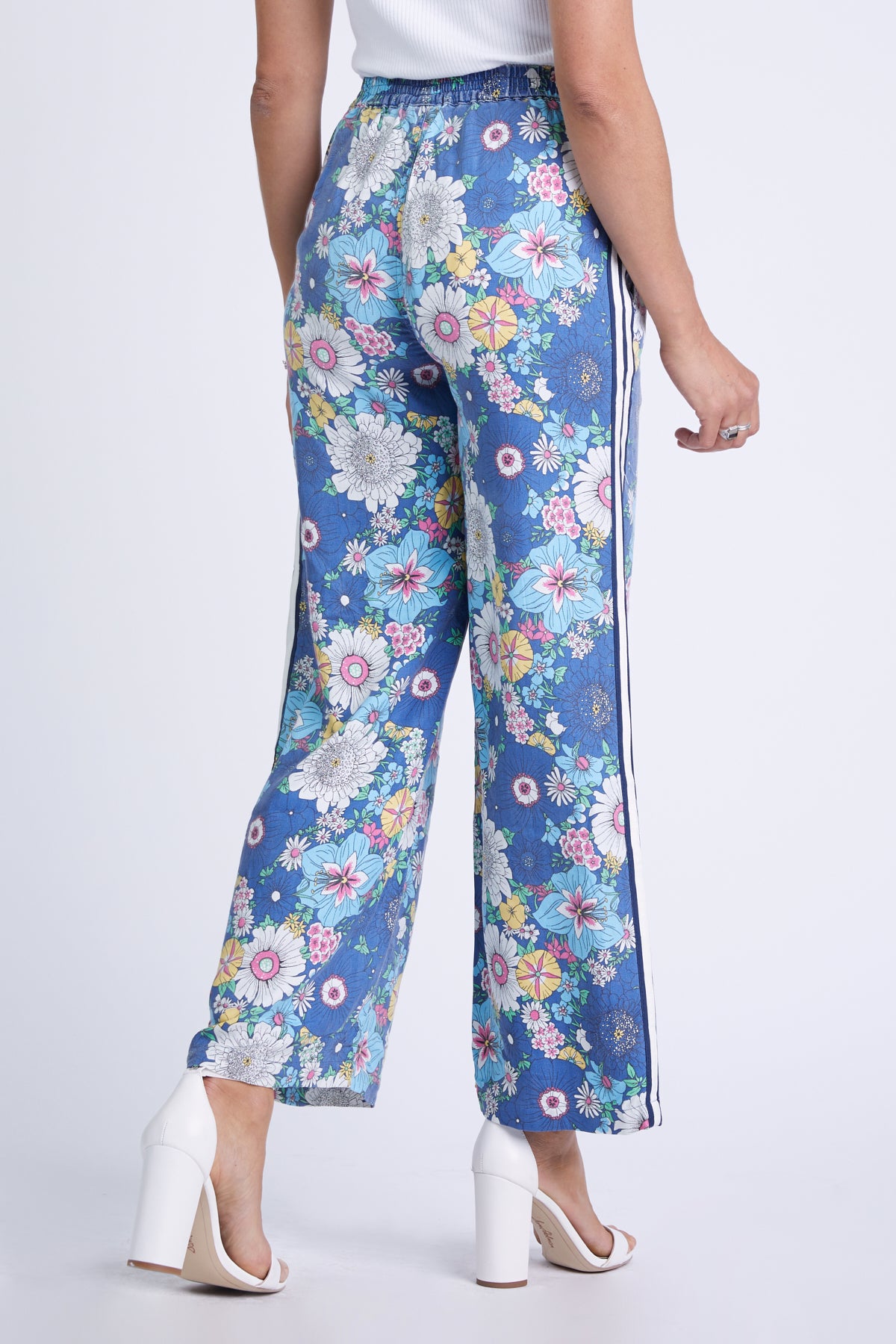 100% Silk Pants with side stripes in Rainbow Flowers