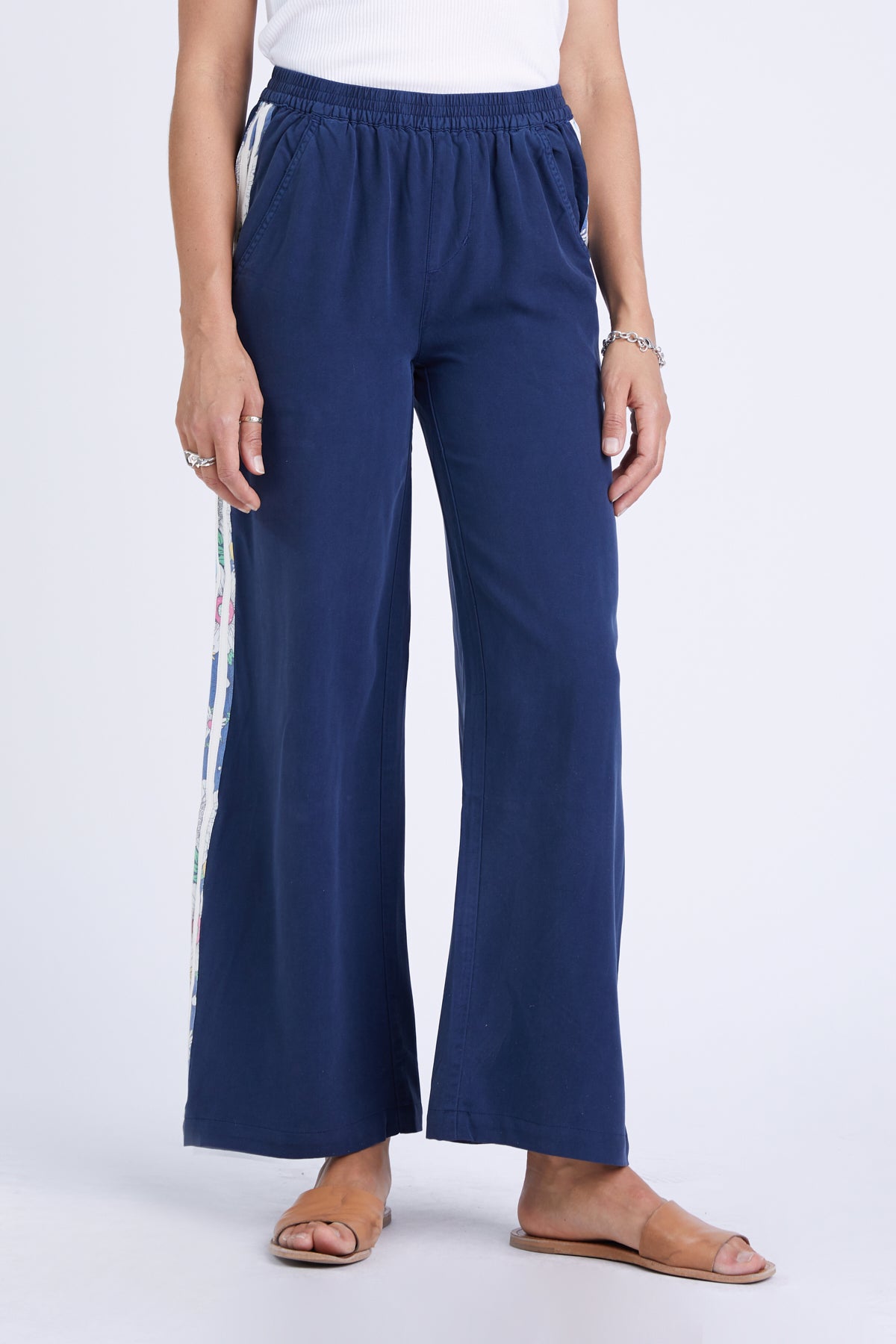 100% Silk relaxed pants with side stripes in Indigo