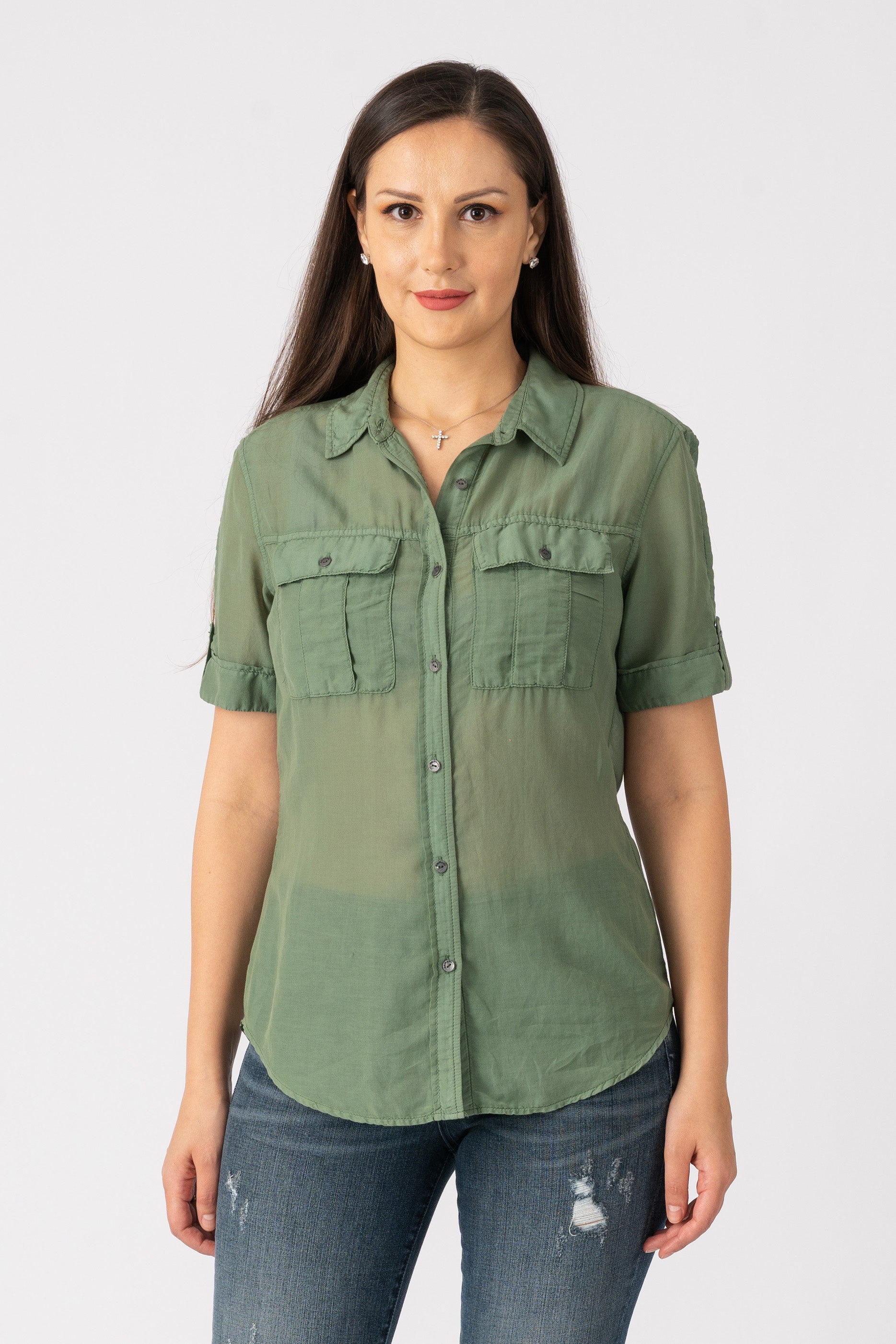 Silk short sleeves Blouse in Myrtle Green