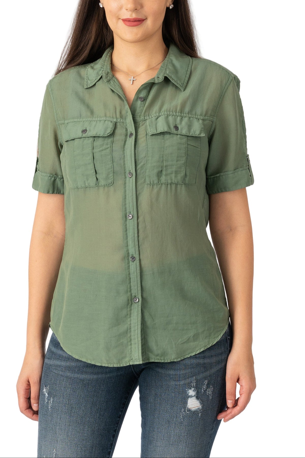 Silk short sleeves Blouse in Myrtle Green