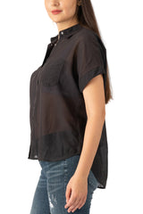 Silk short sleeve blouse in Caviar