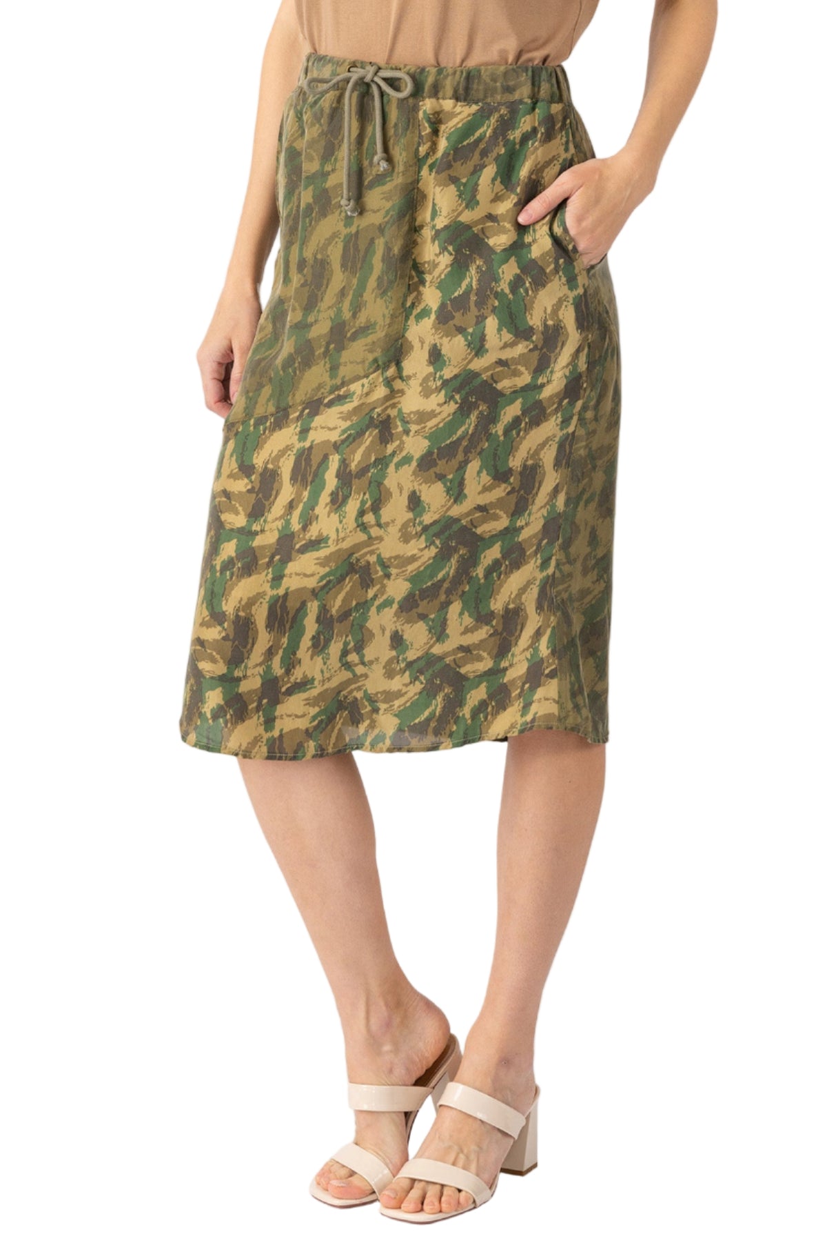 100% Silk long skirt with drawstring in Green Camo