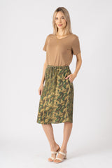 100% Silk long skirt with drawstring in Green Camo