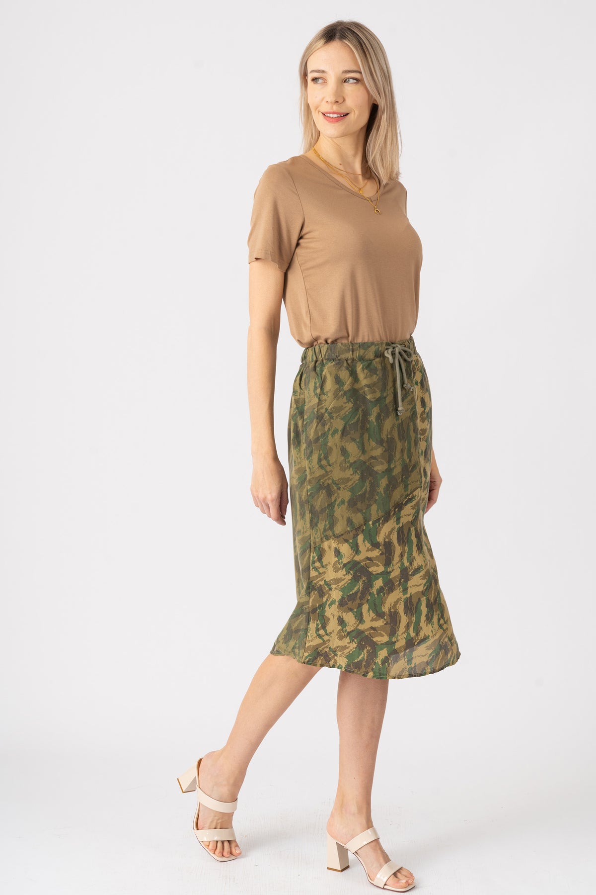 100% Silk long skirt with drawstring in Green Camo