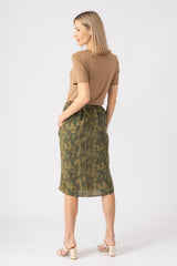 100% Silk long skirt with drawstring in Green Camo